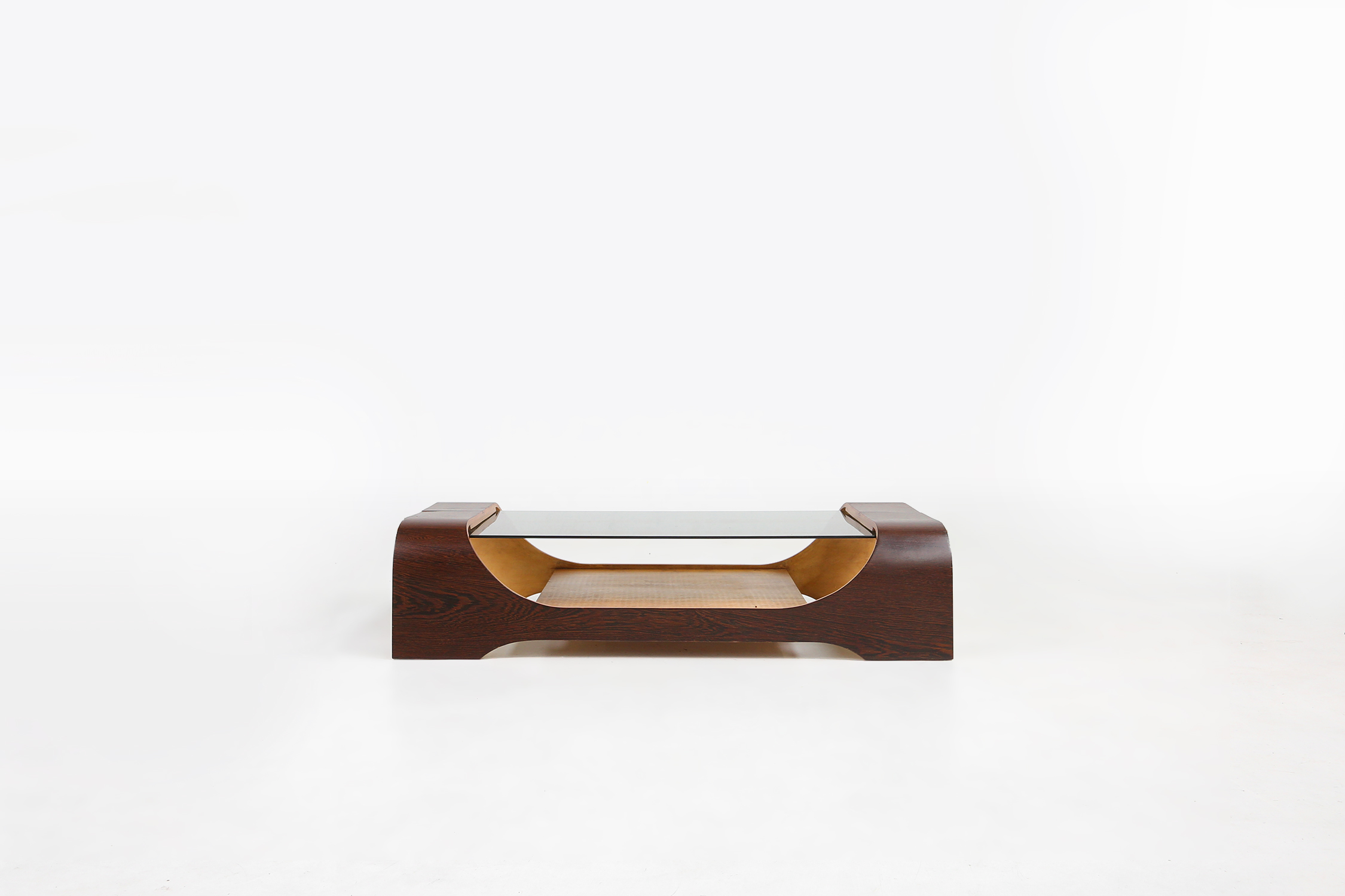 French mid-century coffee table in curved wenge plywood with glass top, 1960sthumbnail